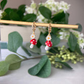 red mushroom and flower huggie drop earrings - cute magical mushroom fun unique dangle earrings